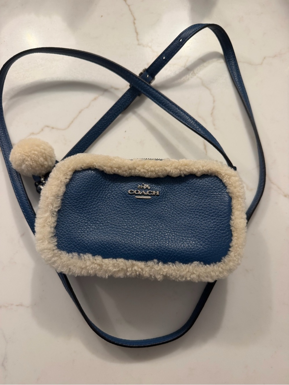 Coach Blue Leather Crossbody with Cream Shearling Border